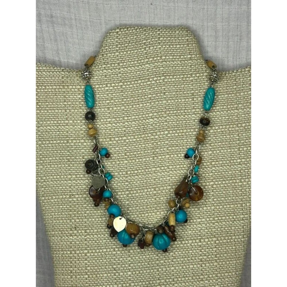 Boho Turquoise & Wood Beaded Statement Necklace Adjustable